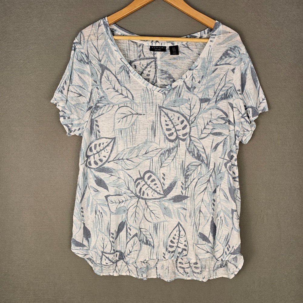 Tahari 100% Linen Knit Tee Top Womens 1X Plus Blue‎ Botanical Floral Lightweight